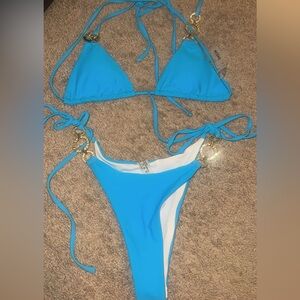 Blue Triangle Bikini with Gold Accents